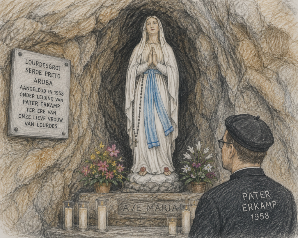 digitaal gegenereerde tekening van de lourdesgrot op Aruba